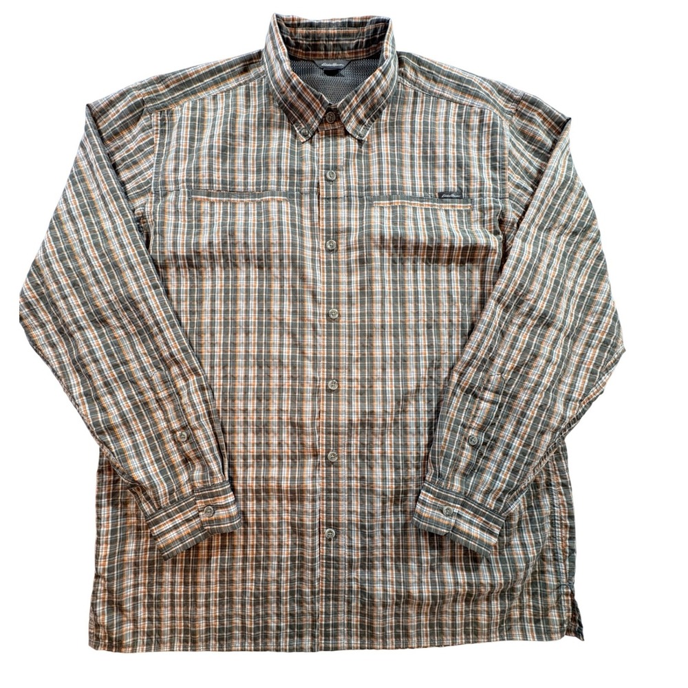 Eddie Bauer Plaid Hiking Shirt Mens Large Gray Orange Performance Button Down